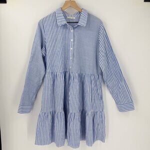Copper Key Striped Shirt Dress XL Blue Striped Tiered Pockets Preppy Garden